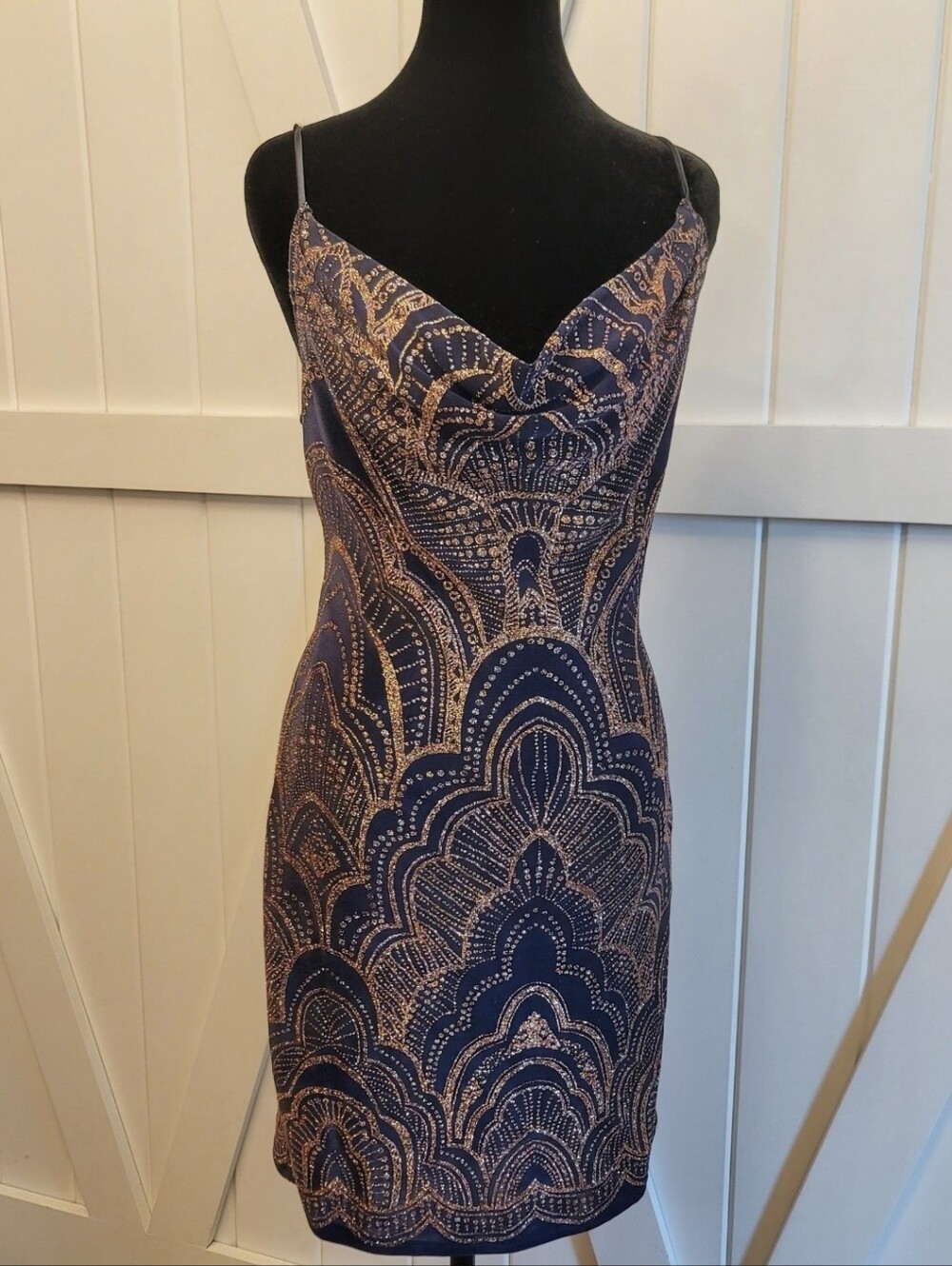 Navy Gold Beaded Art Deco Cowl Neck Cocktail Midi Dress Y2K Party